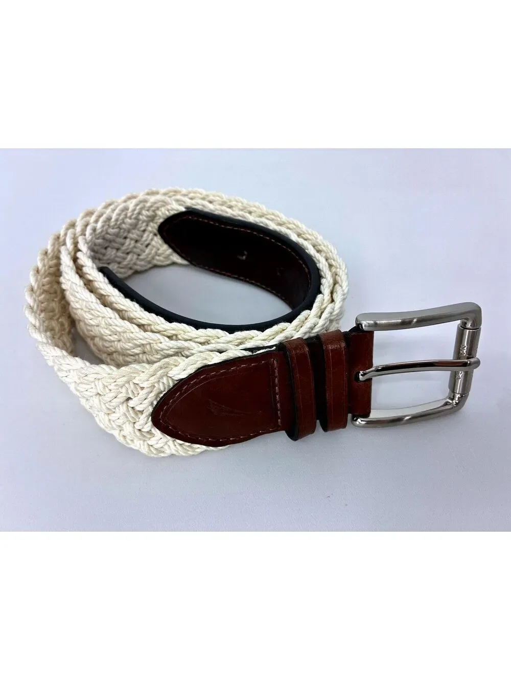 Nautica Woven Cotton and Leather Belt in Cream and Brown men's size 42